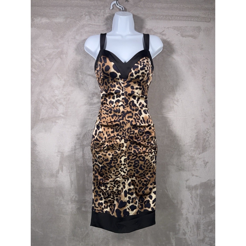 Cache Leopard Print Night Out Bodycon Dress Womens 4 Brown Made In USA Y2K